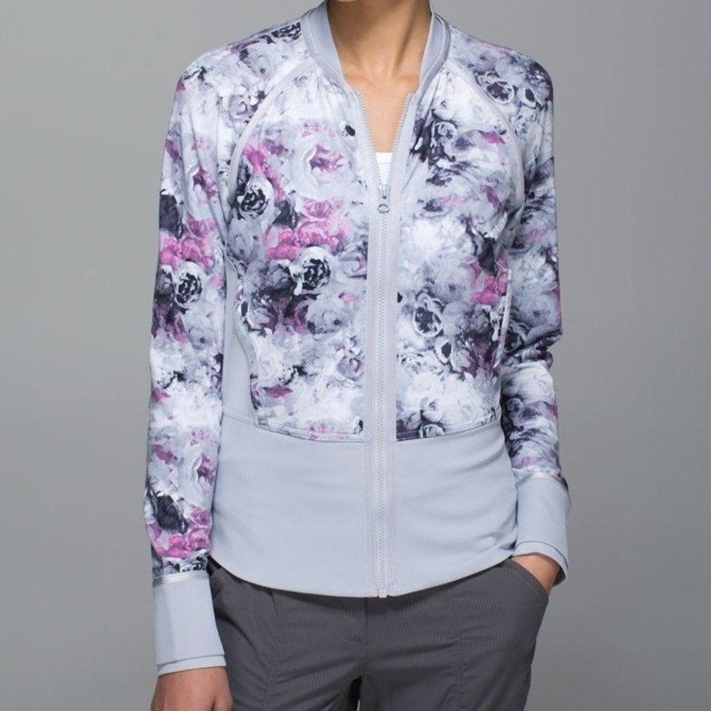 Lululemon Floral Watercolor Full Zip‎ Athletic Jacket Grey Pink Mesh Back Sz 10